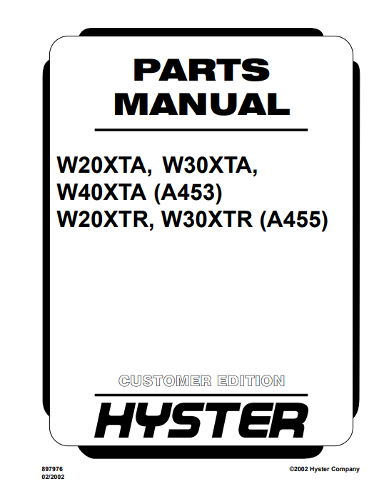 Manual de Partes Montacarga Hyster W20XTR, W30XTR, W40XTR, W20XTR, W30XTR (A453) (A455)