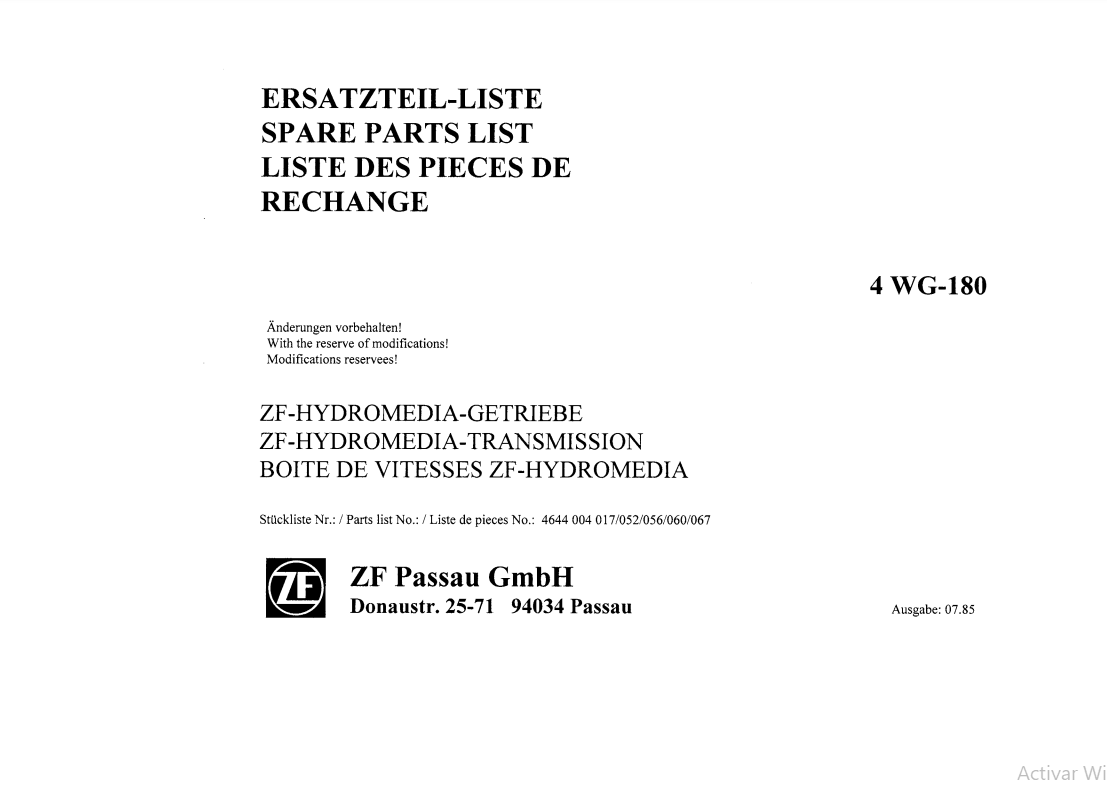 Manual de Partes Servotransmisión ZF 4 WG-180 - 4644 044 017-052-056-060-067