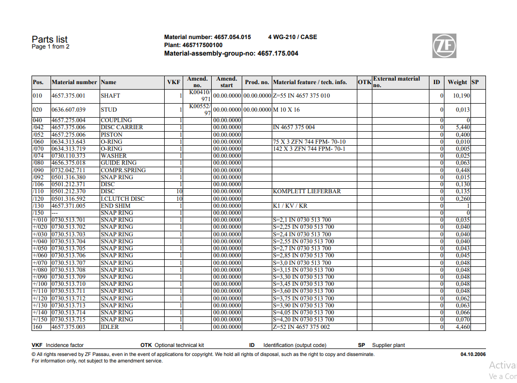 Manual de Partes Servotransmisión ZF 4 WG-210 - 4657.054.015