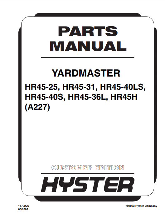 Manual de Partes Telehandler Hyster HR45-25, HR45-31, HR45-40LS, HR45-40S, HR45-36L, HR45H (A227)