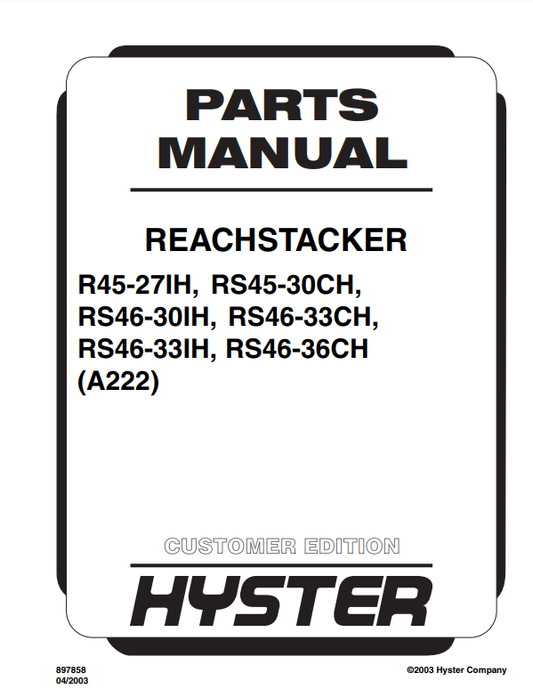 Manual de Partes Telehandler Hyster R45-27H, RS45-30CH, RS46-30IH, RS46-33CH, RS46-33IH, RS46-36CH