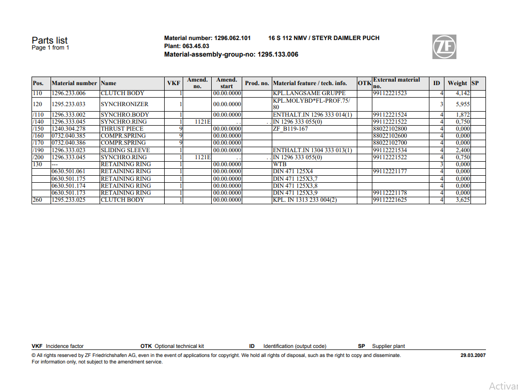 Manual de Partes Transmisión ZF 16 S 112 NMV STEYR DAIMLER PUCH - 1296.062.101
