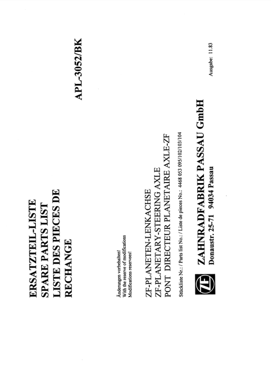 Manual de Partes Transmisión ZF APL 3052-BK - 4468 053 095-102-103-104