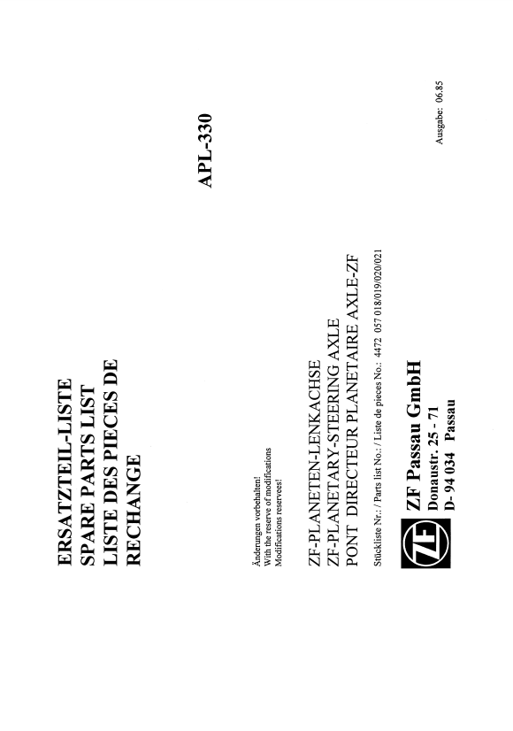Manual de Partes Transmisión ZF APL 330 - 4472, 057, 018, 019, 020, 021