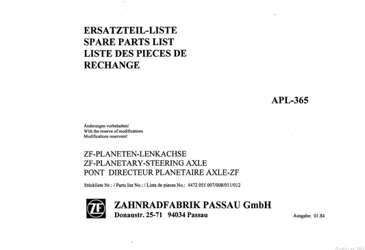 Manual de Partes Transmisión ZF APL 365 - 4472 055 007, 008, 011, 012