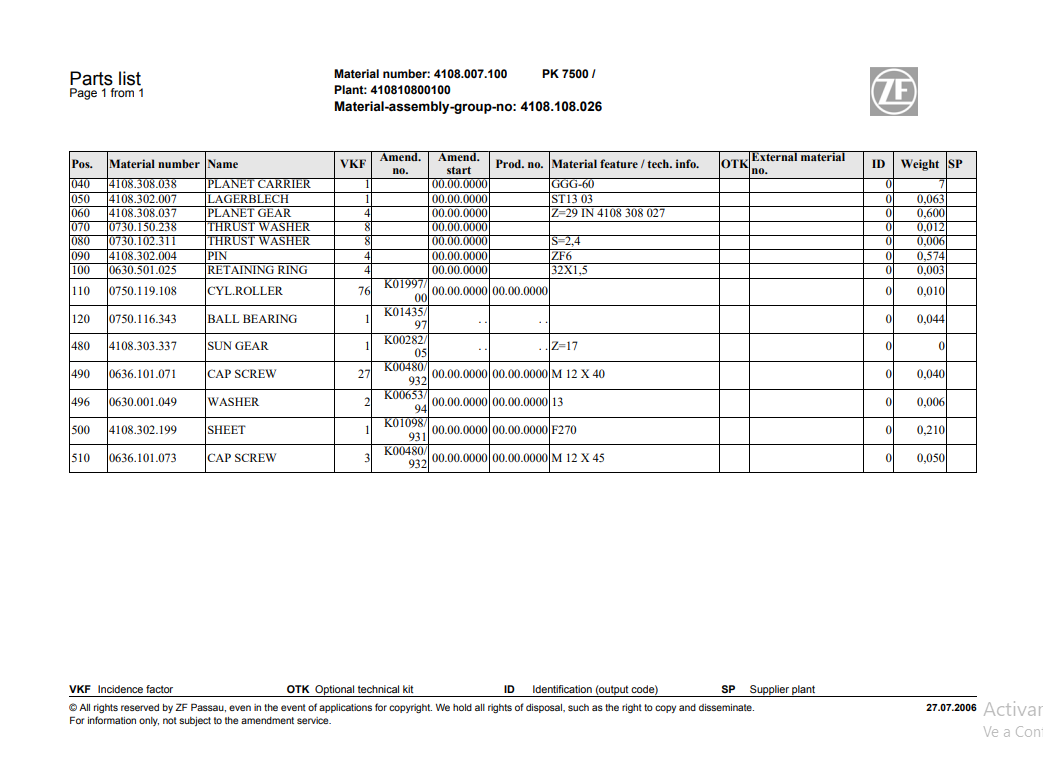 Manual de Partes Transmisión ZF PK 7500 - 4108.007.100