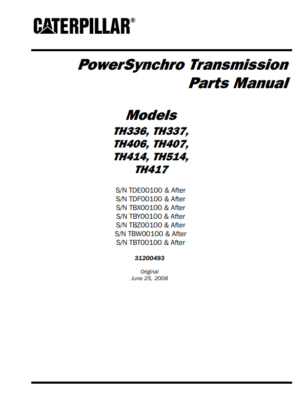 Manual de Partes de Transmisión de Telehandler Caterpillar TH336, TH337, TH406, TH407, TH414, TH514, TH417