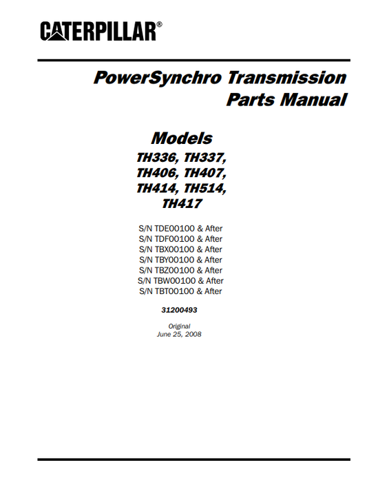 Manual de Partes de Transmisión de Telehandler Caterpillar TH336, TH337, TH406, TH407, TH414, TH514, TH417