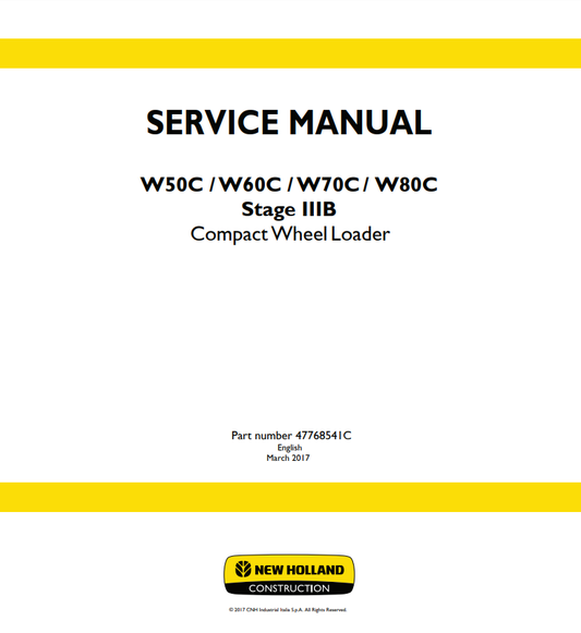 Manual de Reparación Cargador Compacto New Holland W50C TC, W50C ZB, W60C TC, W60C ZB, W70C HS, W70C, W80C HS, W80C Stage IIIB