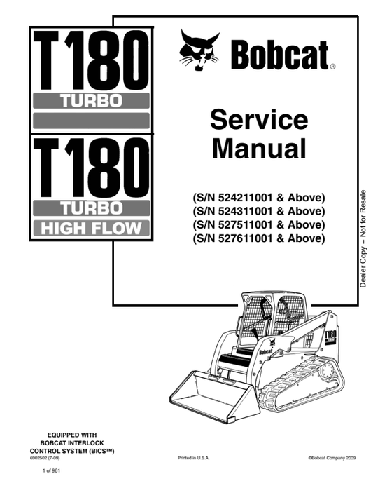 Manual de Reparación Minicargador Deslizante Bobcat T180 Turbo