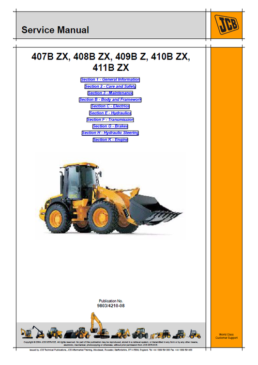 Manual de Reparación Cargador JCB 407B ZX, 408B ZX, 409B ZX, 410B ZX, 411B ZX
