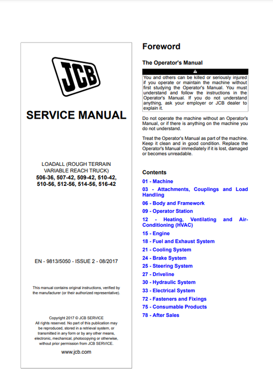 Manual de Reparación Cargador JCB 506-36, 507-42, 509-42, 510-42, 510-56, 512-56, 514-56, 516-42
