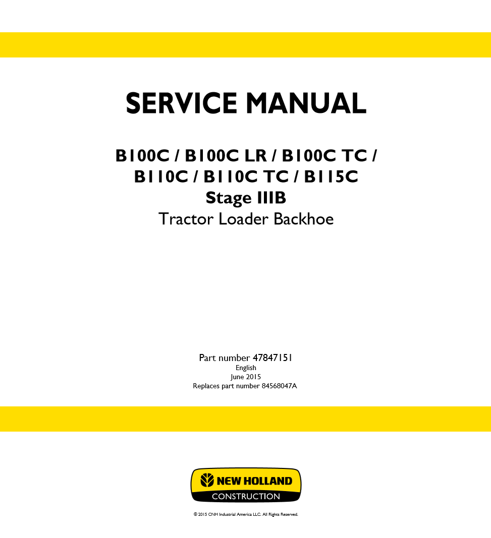 Manual de Reparación Cargador New Holland B100C, B100CLR, B100CTC, B110C, B110CTC, B115C