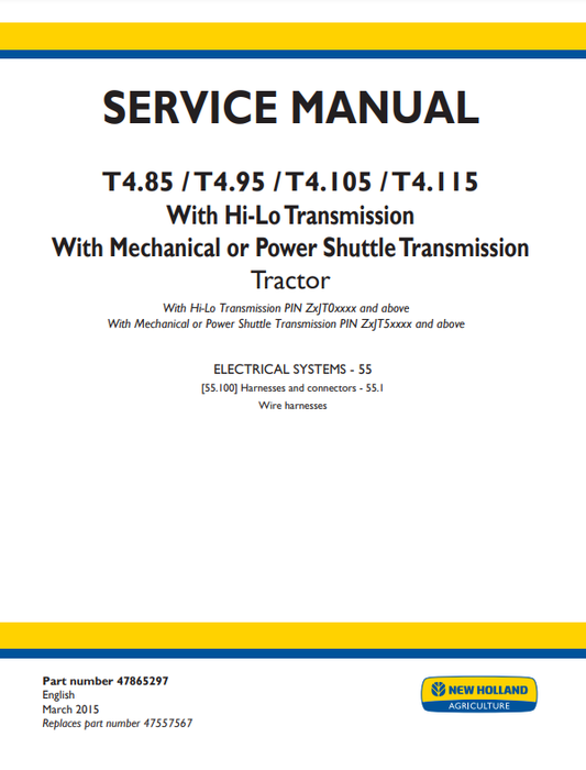 Manual de Reparación Diagrama Eléctrico Tractor New Holland T4.85, T4.95, T4.105, T4.115