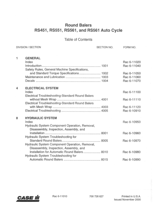 Manual de Reparación Empacadora Circular Case RS451, RS551, RS561, RS561