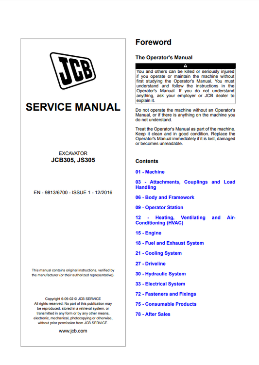 Manual de Reparación Excavadora JCB305, JS305