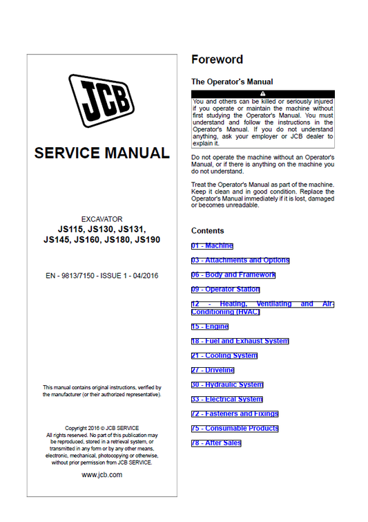 Manual de Reparación Excavadora JCB JS115, JS130, JS131, JS145, JS160, JS180, JS190
