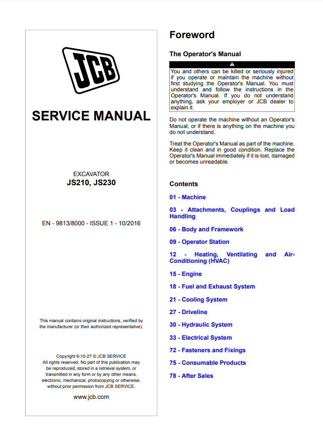 Manual de Reparación Excavadora JCB JS 210, JS 230