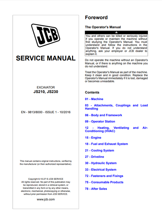 Manual de Reparación Excavadora JCB JS 210, JS 230