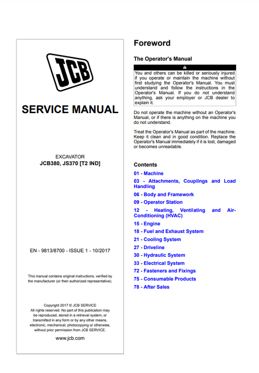 Manual de Reparación Excavadora JCB JS 380, JS 370 [T2 IND]