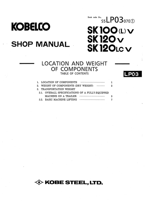 Manual de Reparación Excavadora Kobelco SK100-V, SK100L-V, SK120-V, SK120LC-V