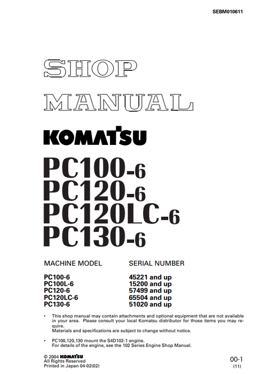 Manual de Reparación Excavadora Komatsu  PC100-6, PC100L-6, PC120LC-6, PC130-6