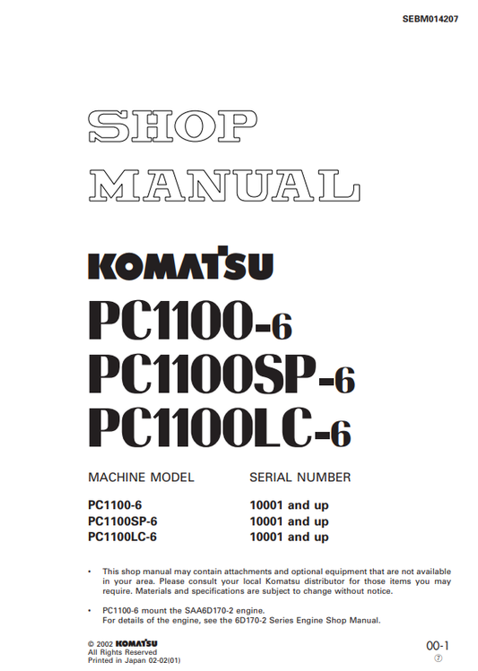 Manual de Reparación Excavadora Komatsu PC1100-6, PC1100SP-6, PC1100LC-6