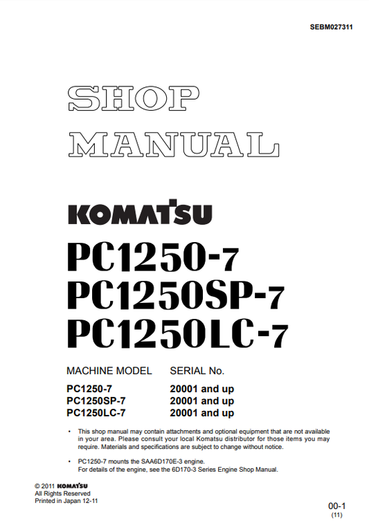 Manual de Reparación Excavadora Komatsu PC1250-7, PC1250SP-7, PC1250LC-7