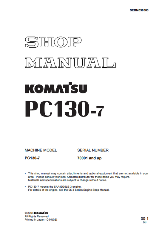 Manual de Reparación Excavadora Komatsu PC130-7