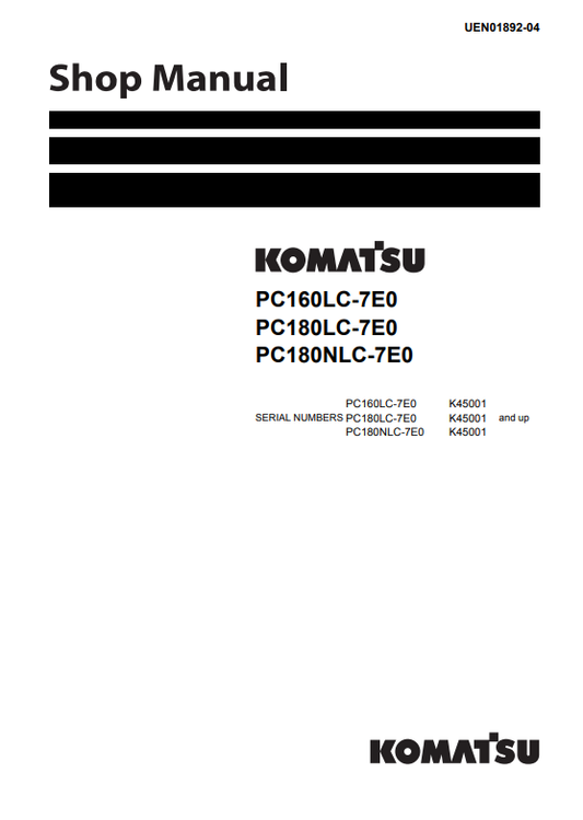 Manual de Reparación Excavadora Komatsu PC160LC-7E0, PC180LC-7E0, PC180NLC-7E0