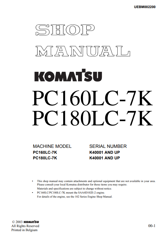 Manual de Reparación Excavadora Komatsu PC160LC-7K, PC180LC-7K