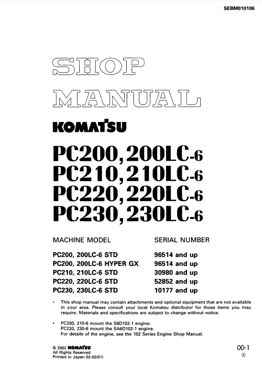 Manual de Reparación Excavadora Komatsu PC200-6, PC210-6, PC220-6, PC230-6