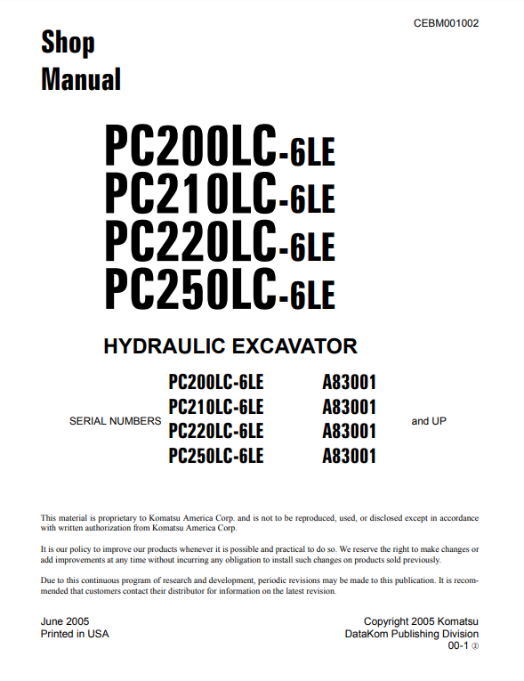 Manual de Reparación Excavadora Komatsu PC200LC-6LE, PC210LC-6LE, PC220LC-6LE, PC250LC-6LE