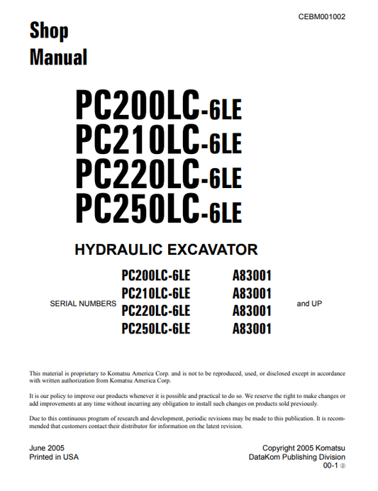 Manual de Reparación Excavadora Komatsu PC200LC-6LE, PC210LC-6LE, PC220LC-6LE, PC250LC-6LE