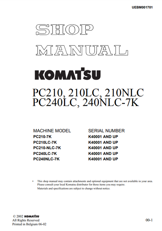 Manual de Reparación Excavadora Komatsu PC210-7K, PC240-7K