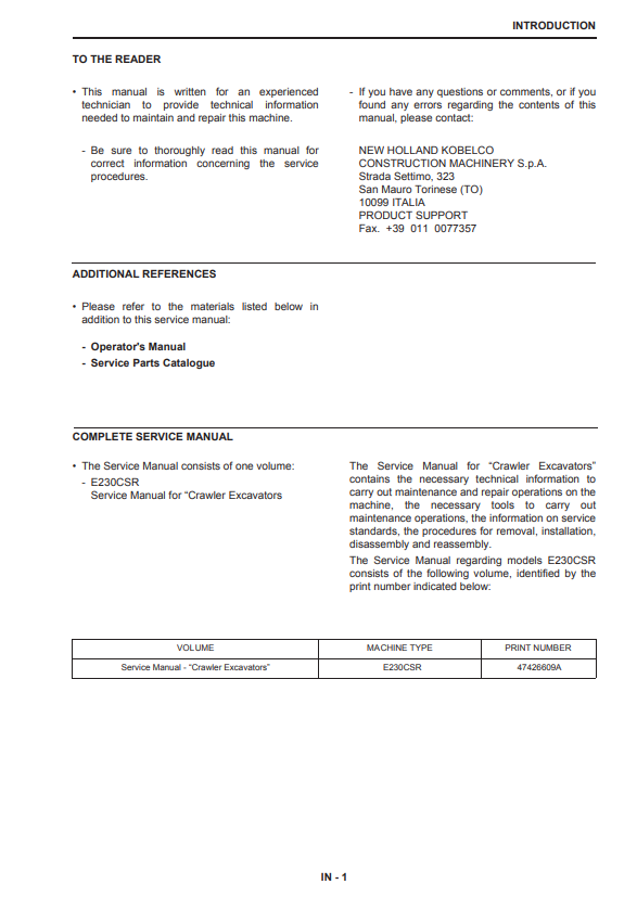 Manual de Reparación Excavadora New Holland E230CSR