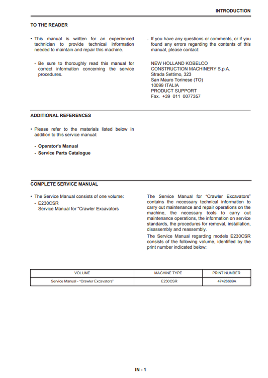 Manual de Reparación Excavadora New Holland E230CSR