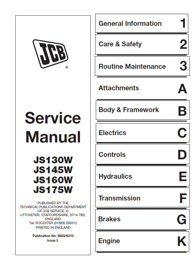 Manual de Servicios Excavadora sobre Ruedas JCB JS130W, JS145W, JS160W, JS175W