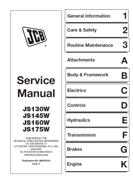 Manual de Servicios Excavadora sobre Ruedas JCB JS130W, JS145W, JS160W, JS175W