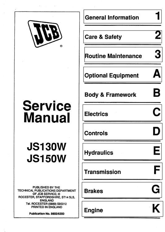Manual de Reparación Excavadora sobre Ruedas JCB JS130W, JS150W