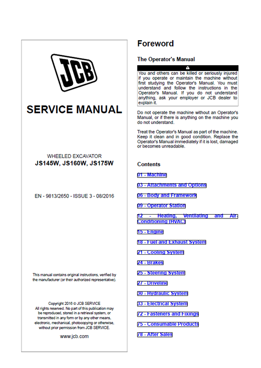Manual de Reparación Excavadora sobre Ruedas JCB JS145W, JS160W, JS175W