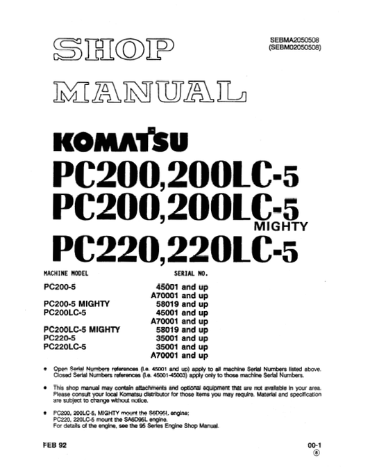 Manual de Reparación Excavadota Komatsu PC200-5, PC200LC-5, PC220-5, PC220LC-5