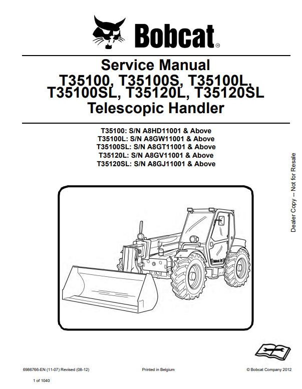 Manual de Reparación Manipulador Telescópico Bobcat T35100, T35100S, T35100L, T35100SL, T35120L, T35120SL