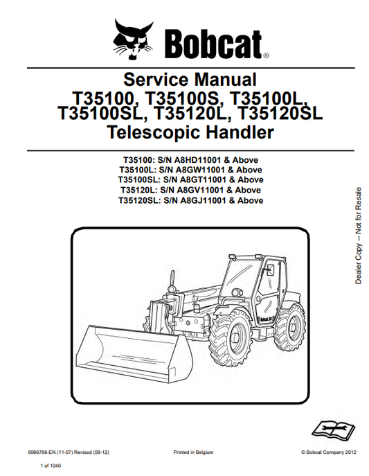 Manual de Reparación Manipulador Telescópico Bobcat T35100, T35100S, T35100L, T35100SL, T35120L, T35120SL