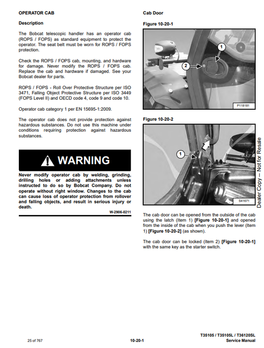 Manual de Reparación Manipulador Telescópico Bobcat T35105, T35105L, T36120SL