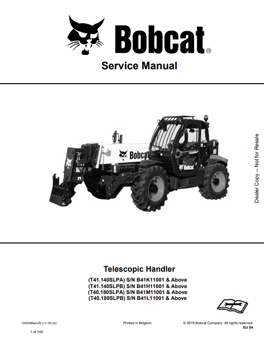Manual de Reparación Manipulador Telescopico Bobcat T41.140SLPA, T41.140SLPB, T40.180SLPA, T40.180SLPB