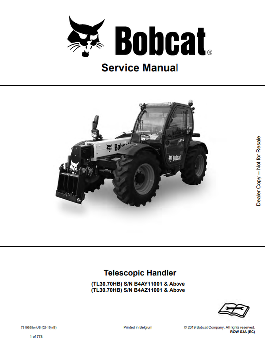 Manual de Reparación Manipulador Telescopico Bobcat TL30.70DA, TL30.70HA, TL30.70DB, TL30.70HB