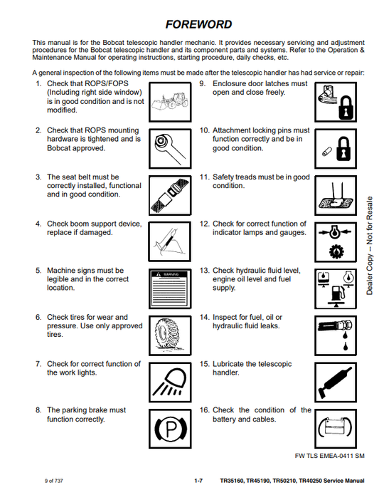 Manual de Reparación Manipulador Telescopico Bobcat TR35160, TR45190, TR50210, TR40250