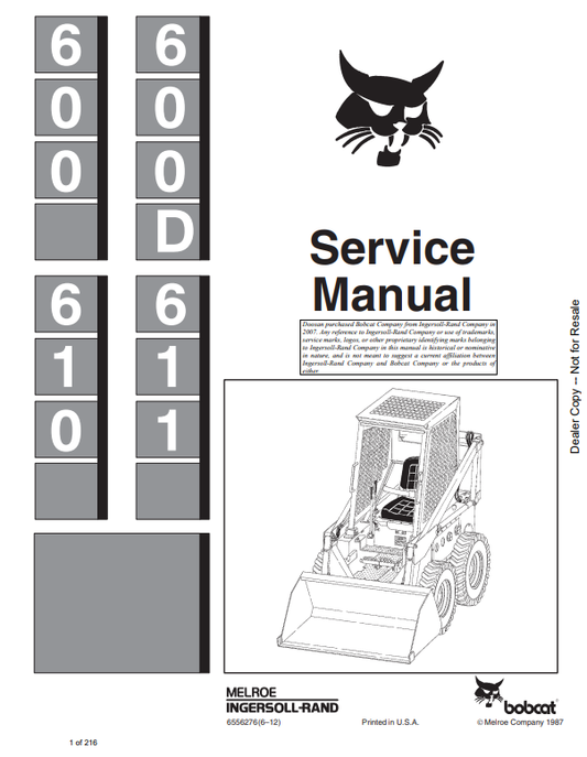 Manual de Reparación Minicargador Bobcat 600, 600D, 610, 611