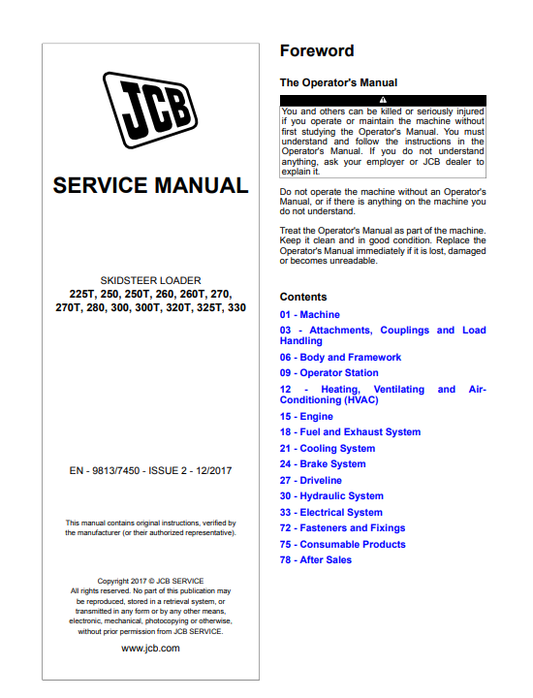 Manual de Reparación Minicargador JCB 225T, 250, 250T, 260, 260T, 270, 270T, 280, 300, 300T, 320T, 325T, 330
